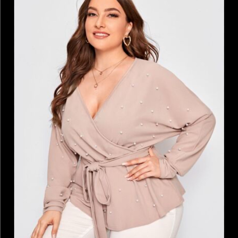 Elegant Pearl-Embellished Wrap Top in Taupe
